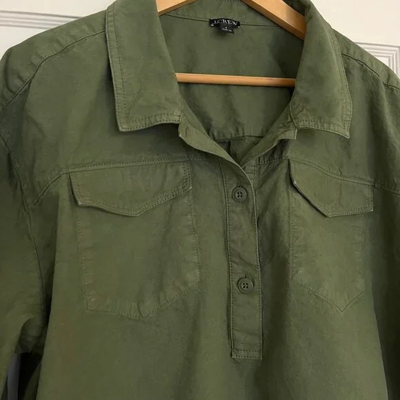 J Crew Popover Shirt in Cotton-Linen Blend Army Green | Size Large - Picture 4 of 8